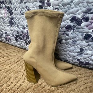 light brown chunky heel sock booties